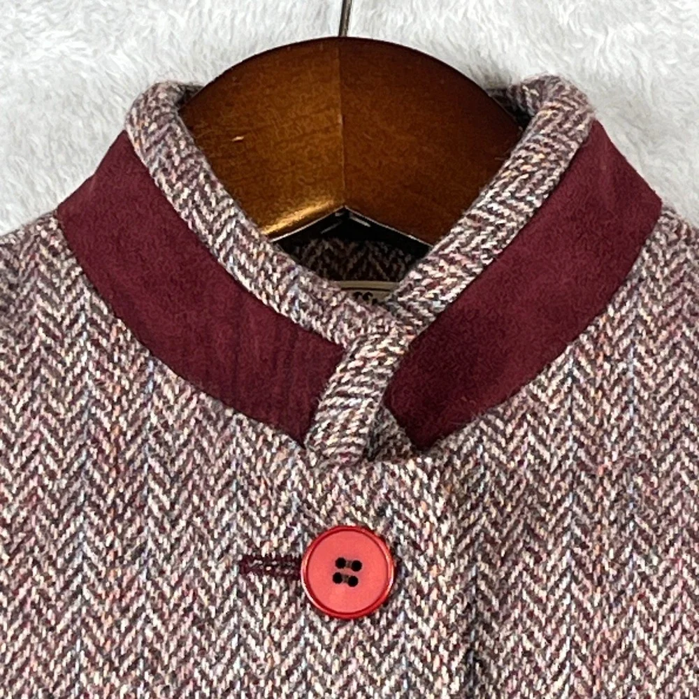 VINTAGE Raffinati Wool Blazer 8 Gray Burgundy Herringbone Lined Canada Trim